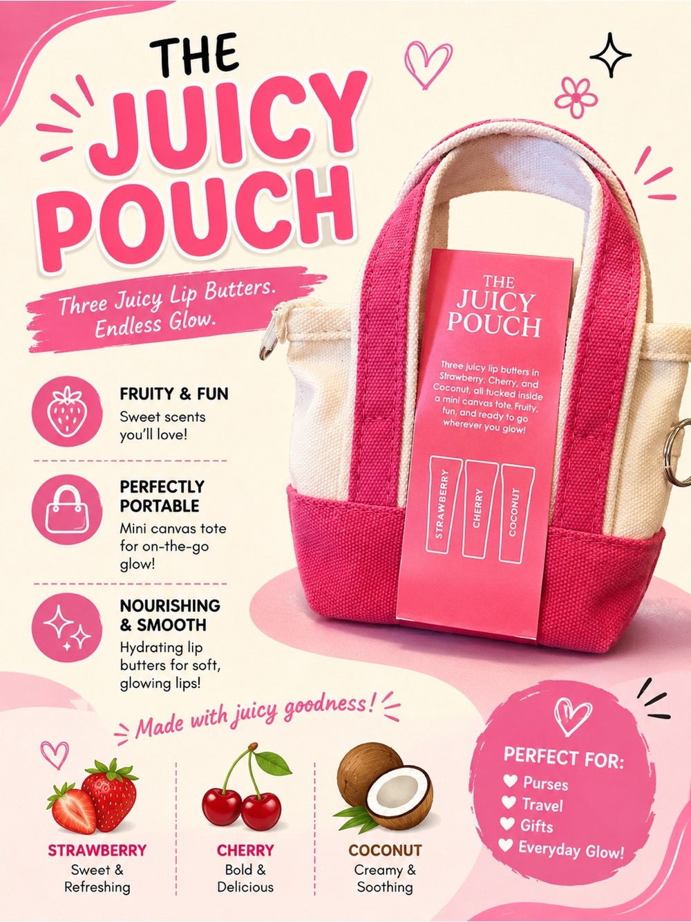 The Juicy Pouch Lip Butter Trio - Pink Canvas Mini Tote